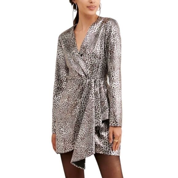 Ronny KoBo Leopard Print Silver Metallic Faux Wrap Dress - Picture 1 of 11